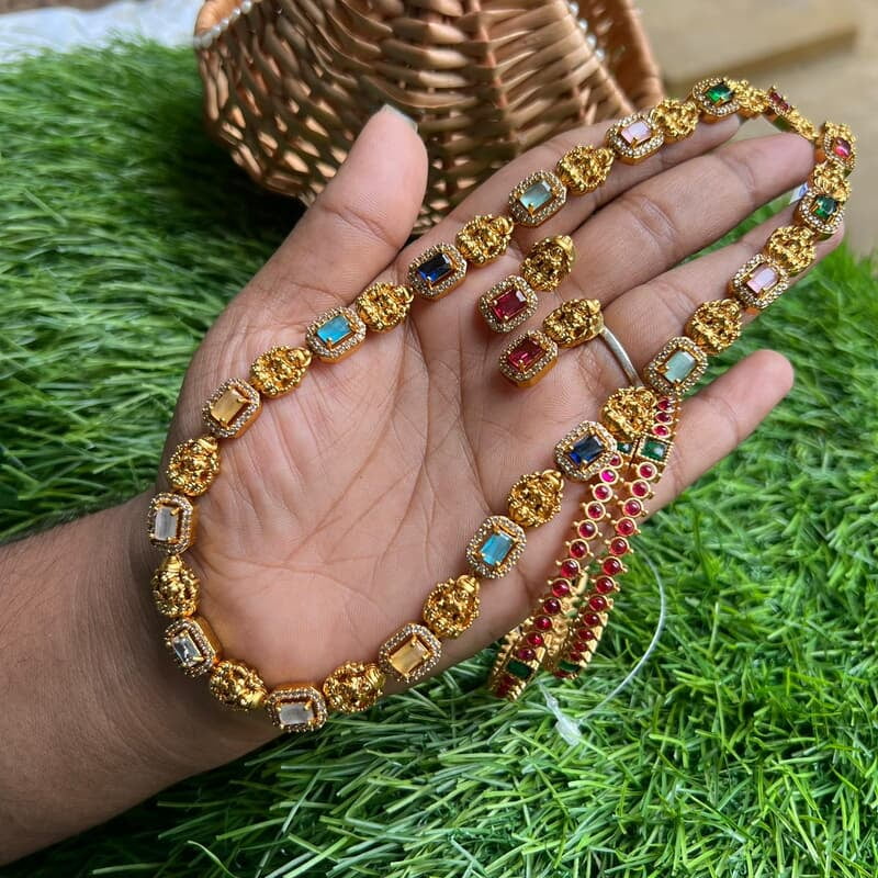 Antic Lakshmi haram with Ruby stones paired with Cute Earings- Haram & Bangle combo offer
