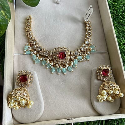 Trendy design gold finish kundhan neckpiece with earings Trendy design gold finish kundhan neckpiece with earings