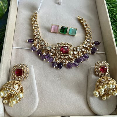 Trendy design gold finish kundhan neckpiece with earings Trendy design gold finish kundhan neckpiece with earings