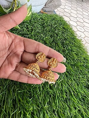 Traditionally anti gold finished Lakshmi design Earing- Front view Jumuka