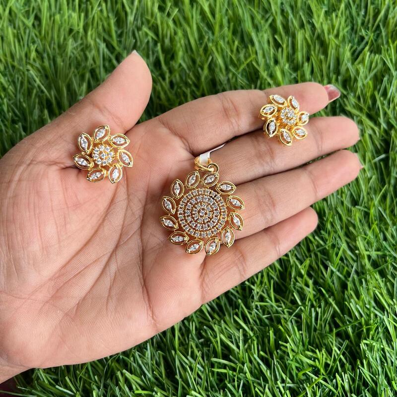 Unique floral with AD stone pendant earning set-