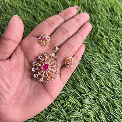 Unique Floral design with AD stones pendant earning set