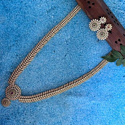 Gold Finish White Stone Long Haram