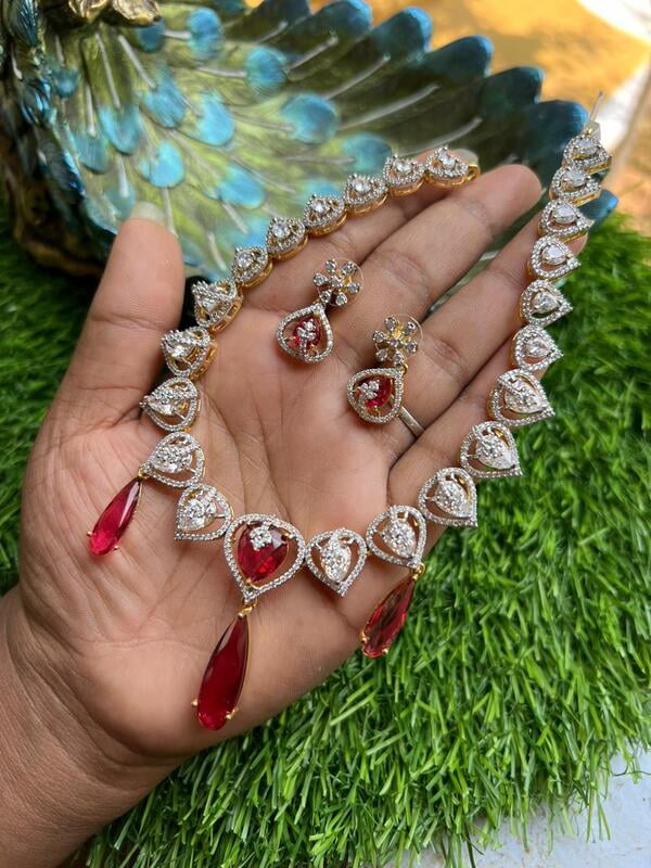 AD stone neckpiece - raindrop design with ruby drops AD stone neckpiece - raindrop design with ruby drops