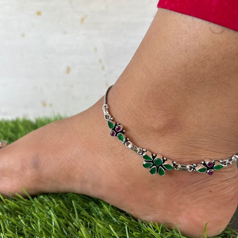 Antique silver anklets - half floral design Antique silver anklets - half floral design