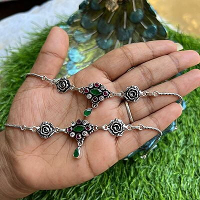 Antic silver finished anklets for adults - Rose design