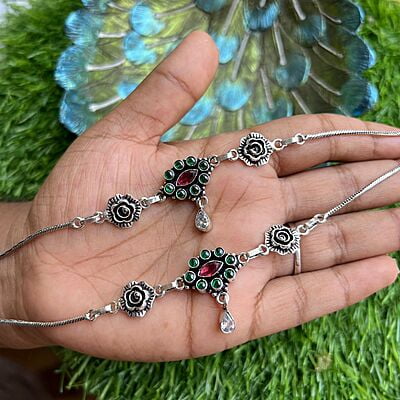 Antic silver finished anklets for adults - Rose design