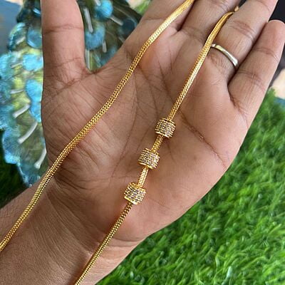 one gram gold mugappu chain - Triple AD stone cube design