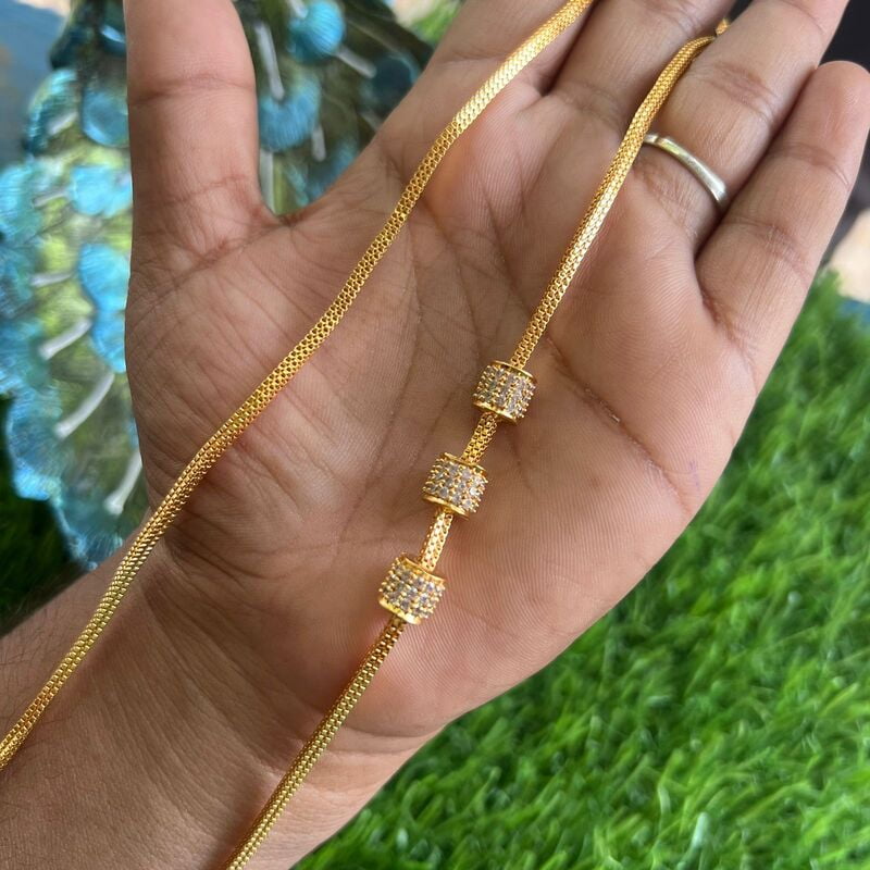 one gram gold mugappu chain - Triple AD stone cube design