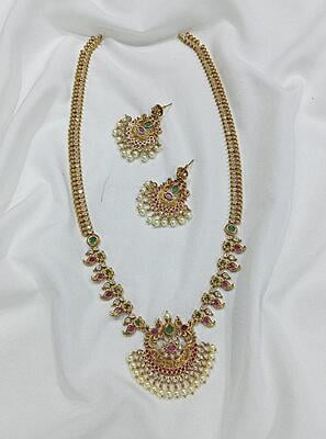 pearl design red and green stone flower design long haram