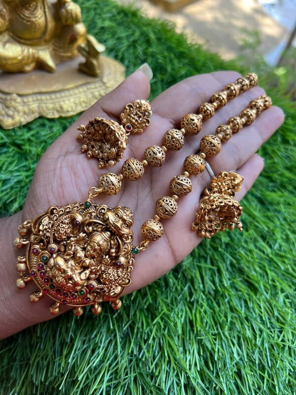 Gold Ball chain with Lakshmi Pendant with Earing