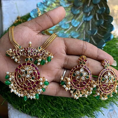 Gold Finish Handmade Kemp Stone Attigai Necklace with Earing Gold Finish Handmade Kemp Stone Attigai Necklace with Earing