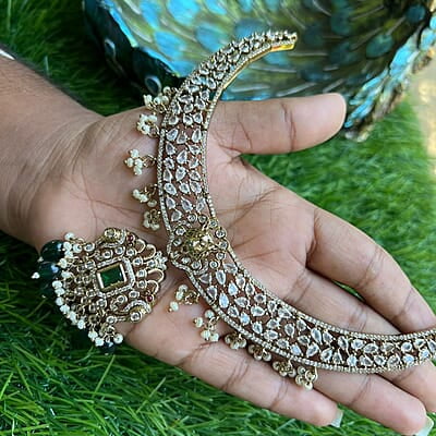 CZ stone & Green Beads Victorian Necklace Set with Earing