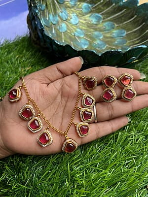 Gold finish Ruby Stone neckpiece with Earing