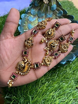 Antic Lakshmi & Peacock design Gold Neckpiece with Earing