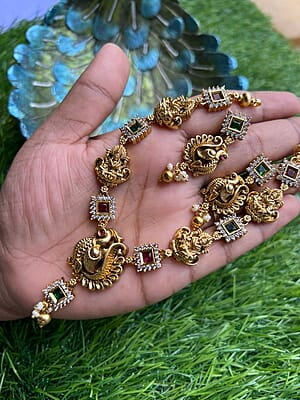 Antic Lakshmi & Peacock design Gold Neckpiece with Earing