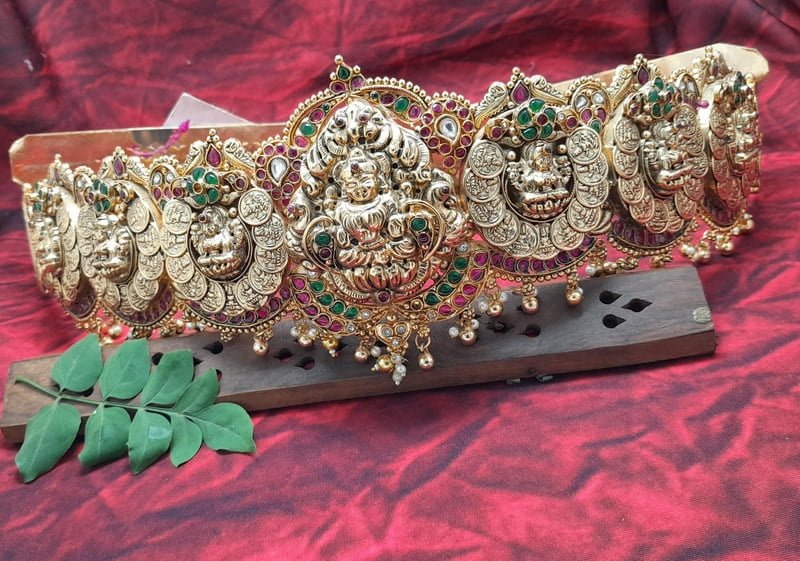pink and green coin based lakshmi design hipblet
