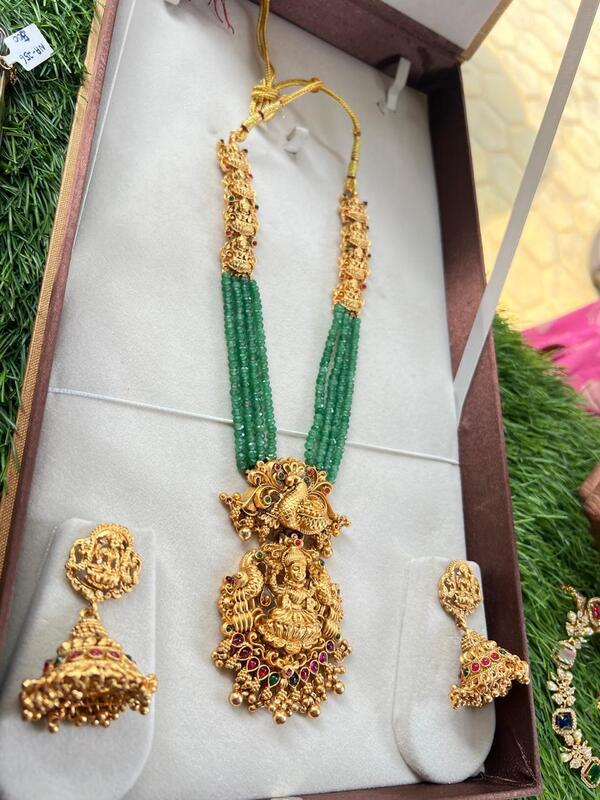 Traditional Peacock and Lakshmi Pendent four layer Green Beads Long Haram