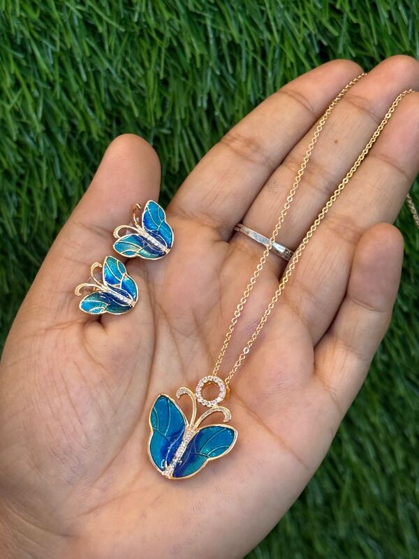 plated blue buttefly pendant set plated blue buttefly pendant set