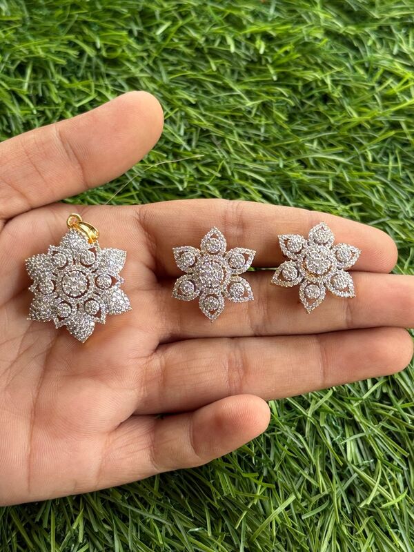 flower design american diamond pendant earring set