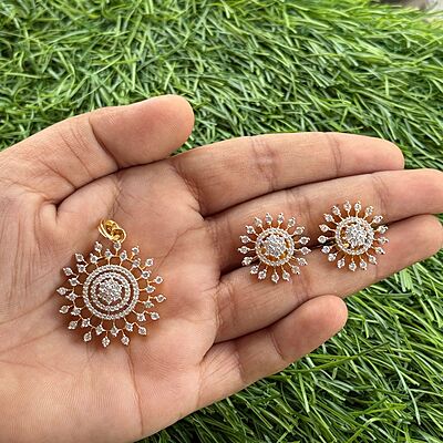 line design diamond pendant earring set