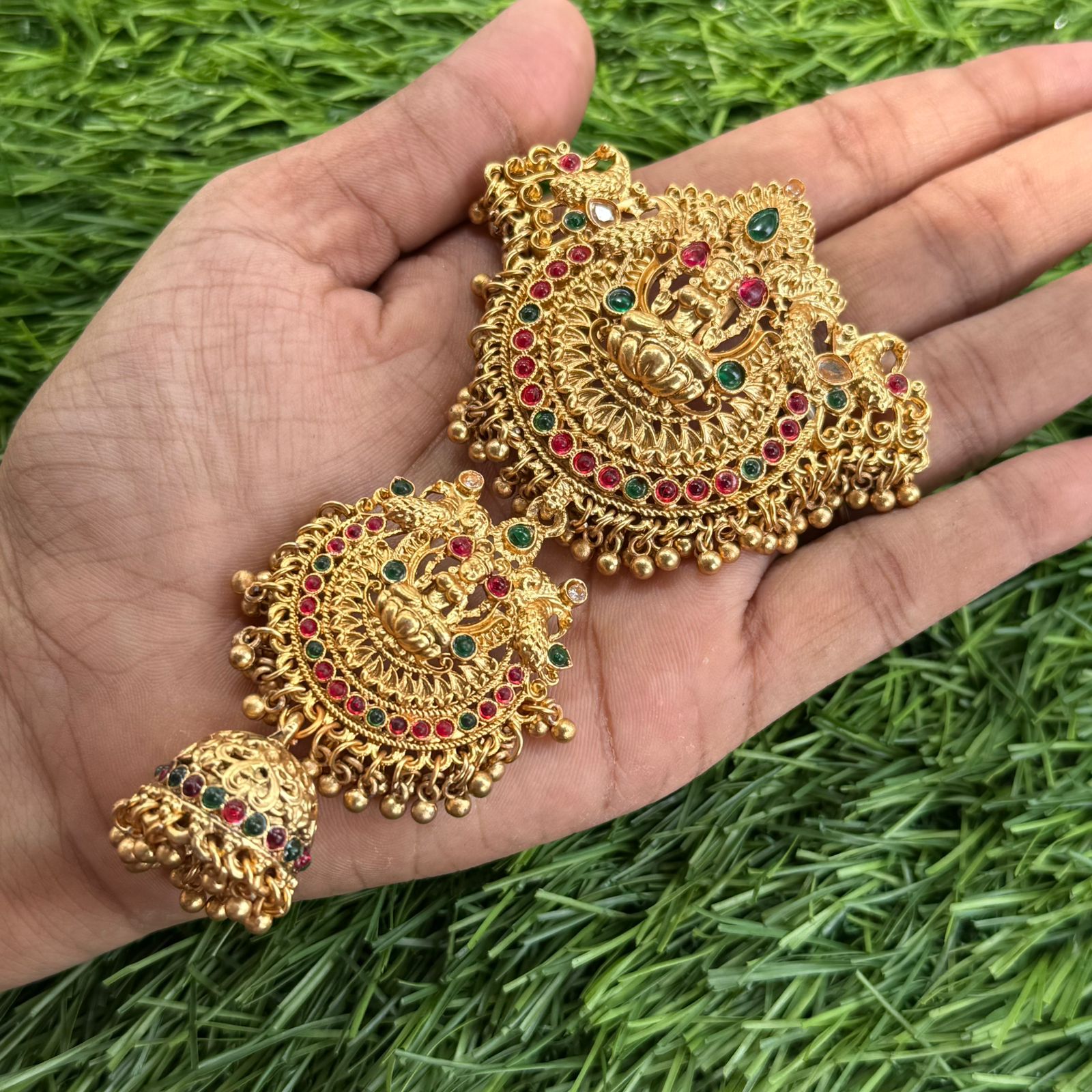 Traditional peacock design with green & ruby stone hair accessories